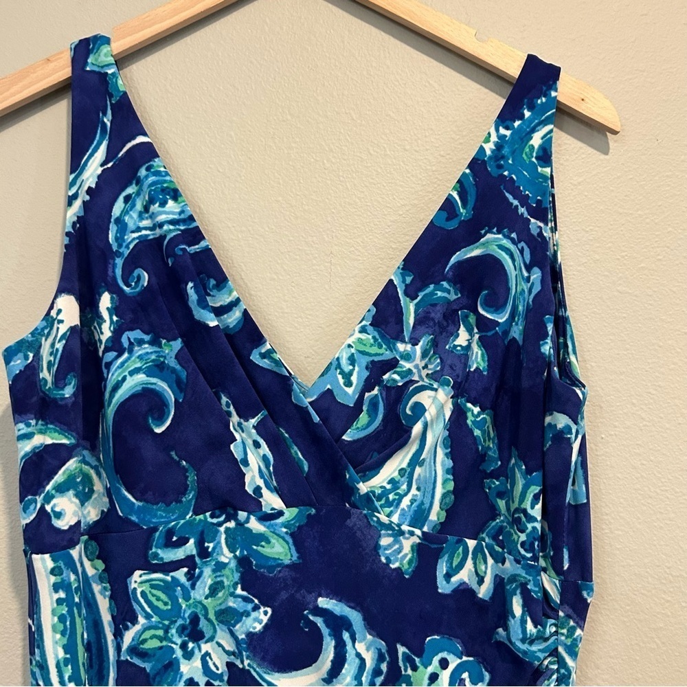 Lauren Ralph Lauren Blue Floral Paisley Ruched Faux Wrap Sheath Dress 12 - Picture 3 of 7